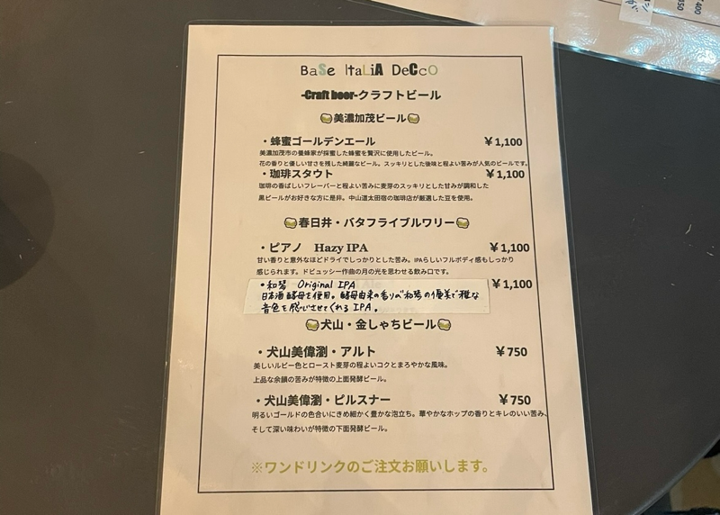 犬山バル　BASE ITALIA DECCO　メニュー